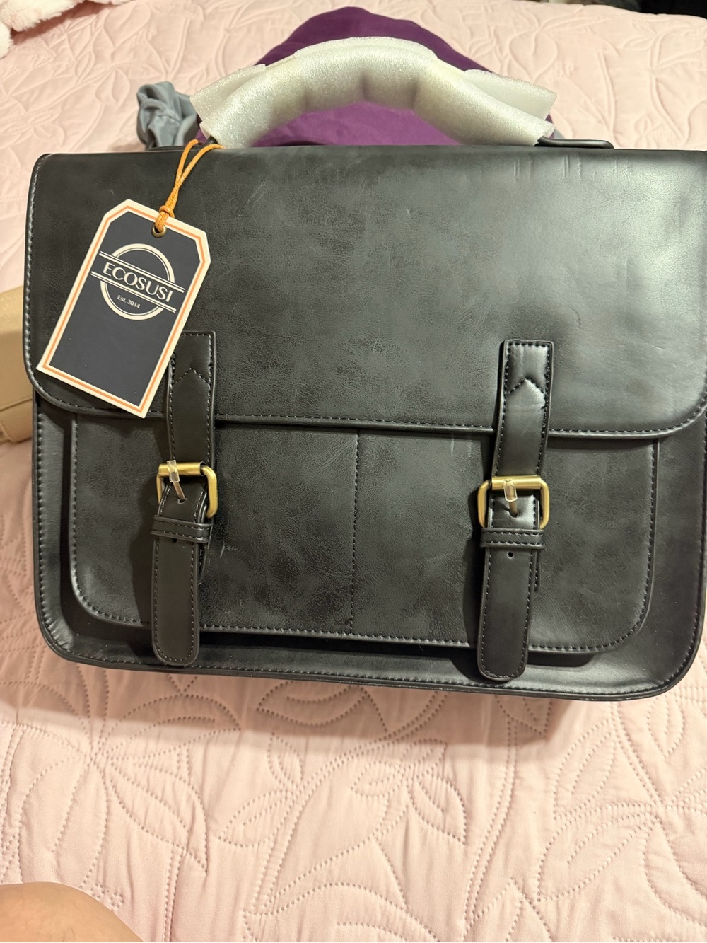Ecosusi Black Men's Faux Leather Briefcase with Dual Buckle Front